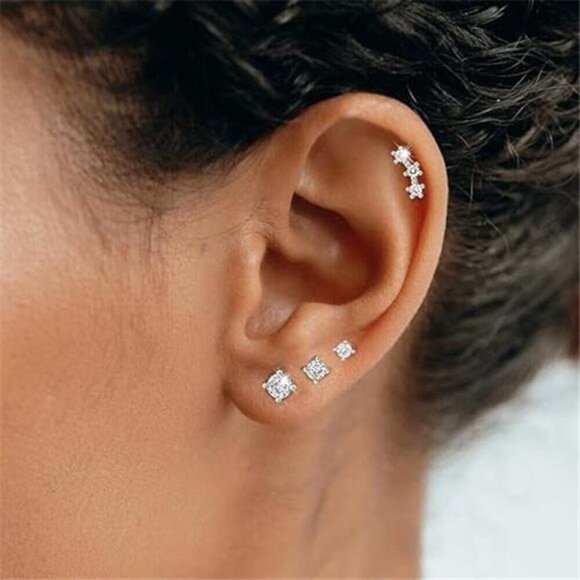 Silver Stud Earring Set – 4 Pairs CZ Multi-Size Set 925 Sterling Silver Dainty - Picture 4 of 6